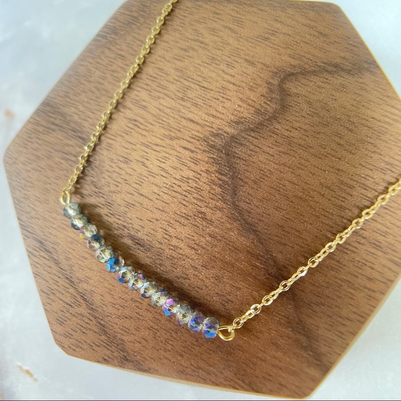 Gold Tiny Labradorite Blue Flash Bead Bar Necklace - Picture 2 of 5